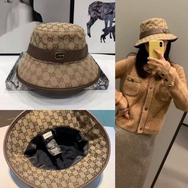 Wanita Mengenakan Bucket Hat Merek Gucci